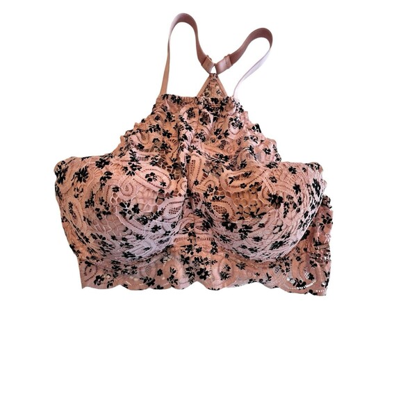 Victorias Secret PINK Bra Sz L Pink Underwire Lace Push Up High Neck Halter - Picture 1 of 6